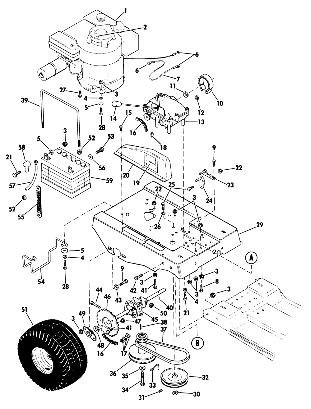 Rider Mower Power Unit Group Diagram and Parts List for 2680A (200000001-299999999)(1972) Lawn Boy Snow Blower